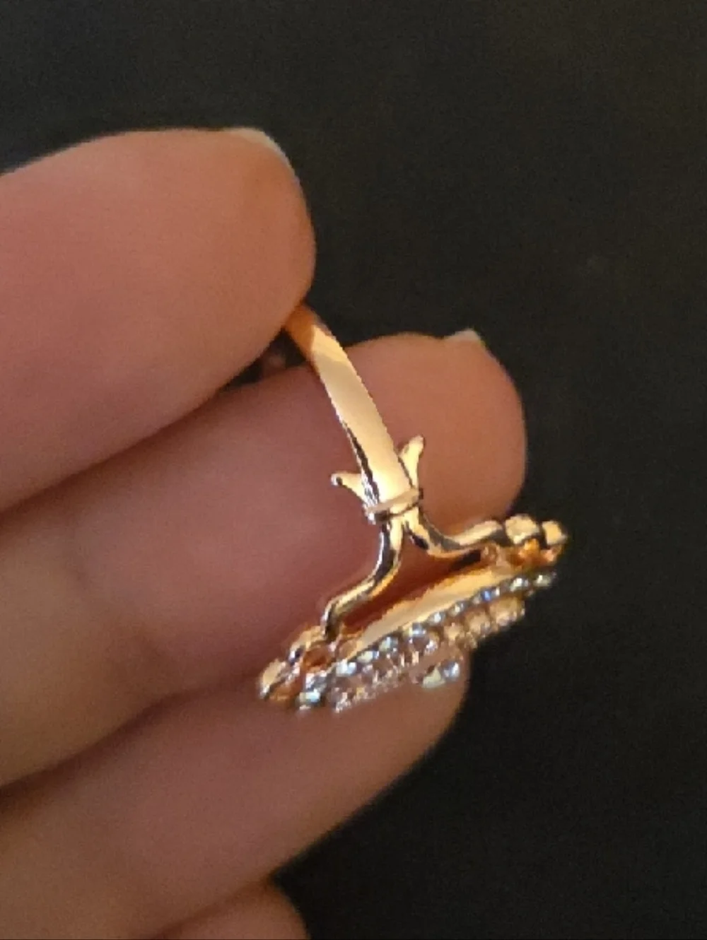 Delicate Gold-Tone Filigree Pink Resin Ring with Crystal Accents